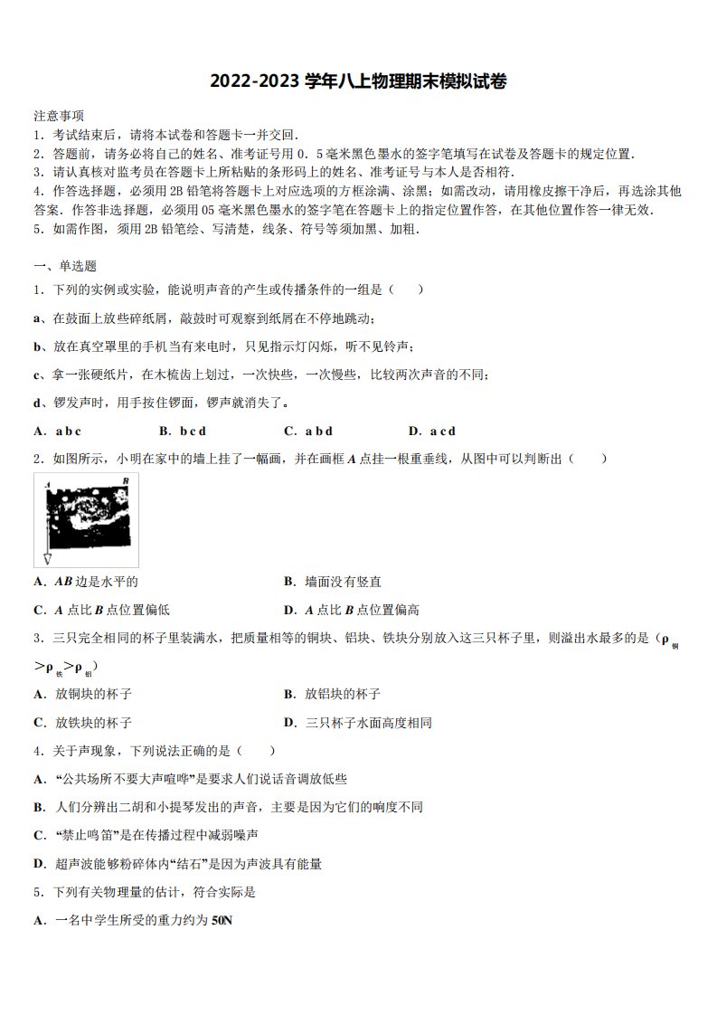 市2022年八年级物理第一学期期末学业水平测试模拟试题含解析