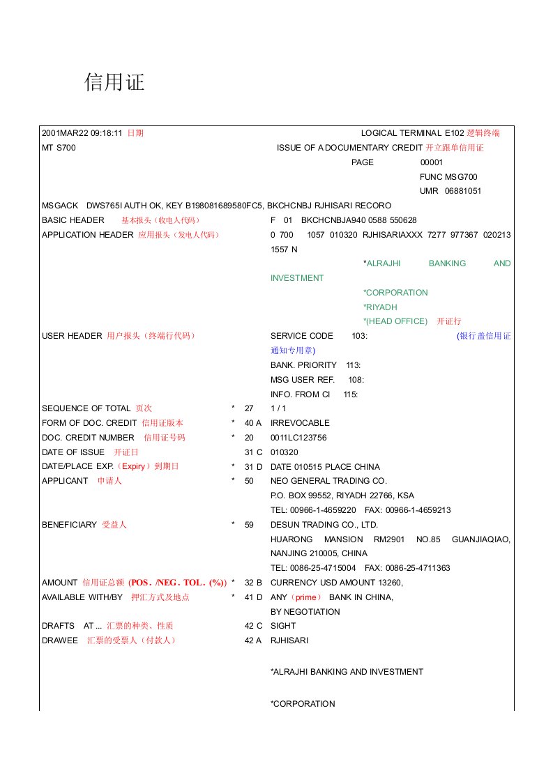 信用证(样本翻译)