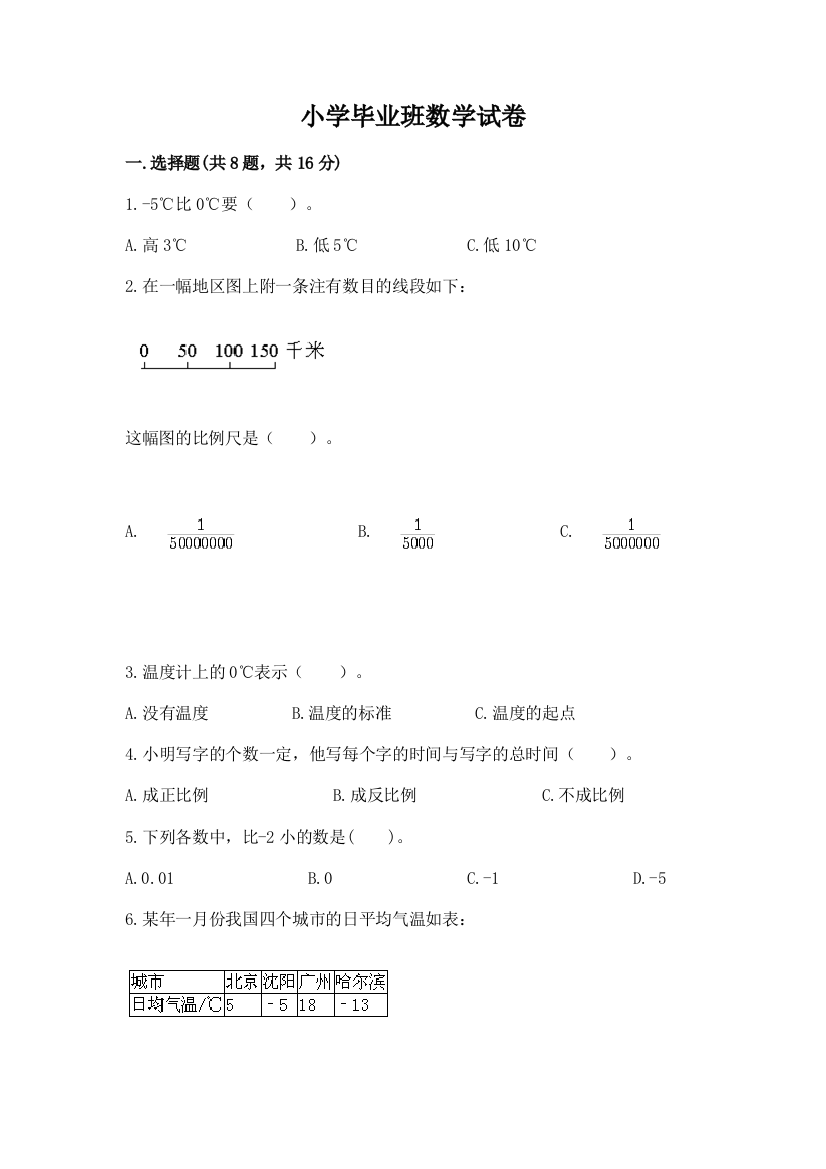 小学毕业班数学试卷精品（典型题）