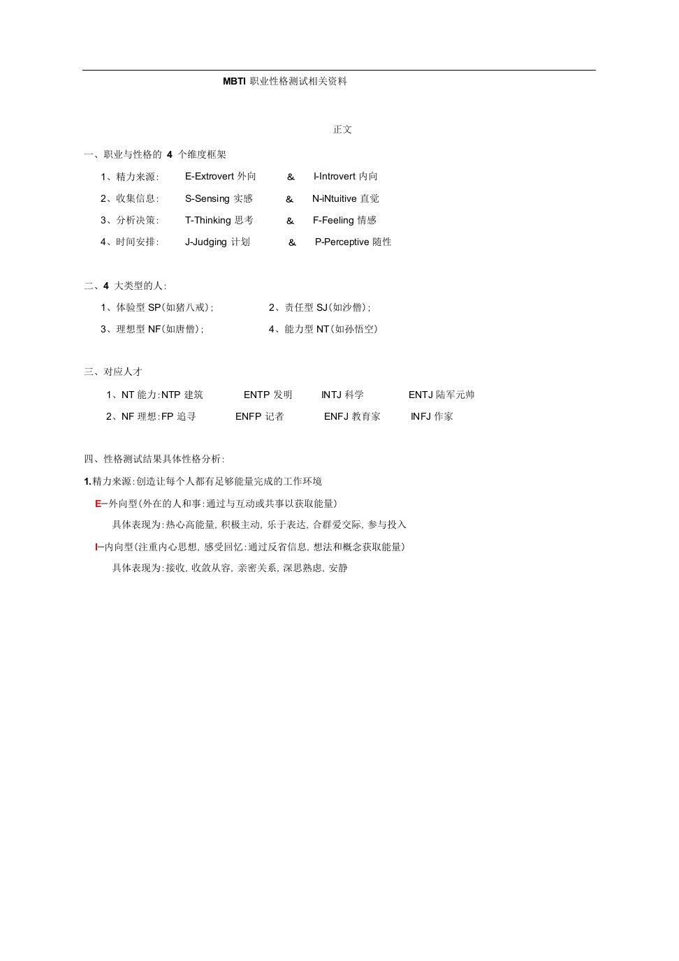 精品文档-MBTI性格测试及分析结果相关资料