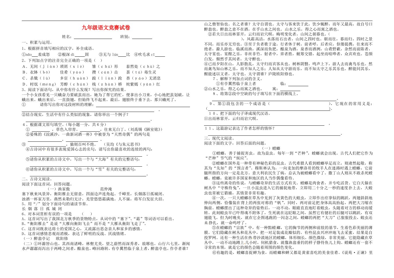 湖南省武冈三中九级语文下学期竞赛试题