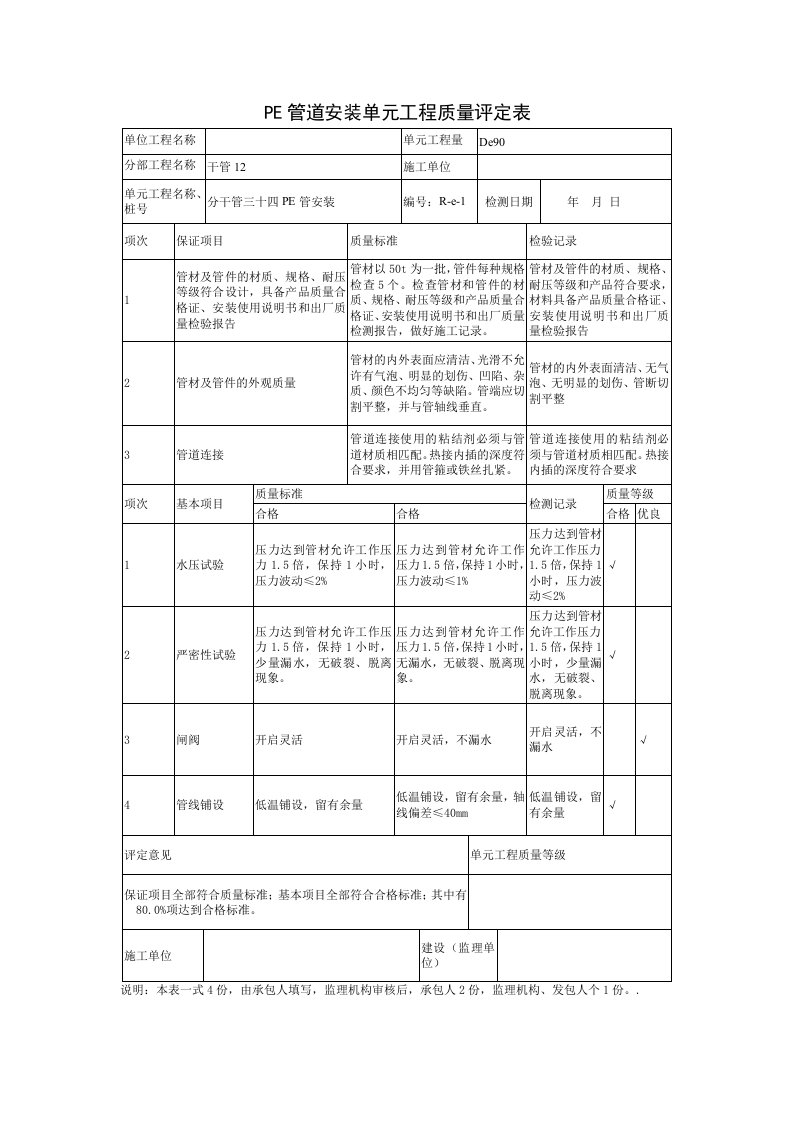 PE管道安装单元工程质量评定表