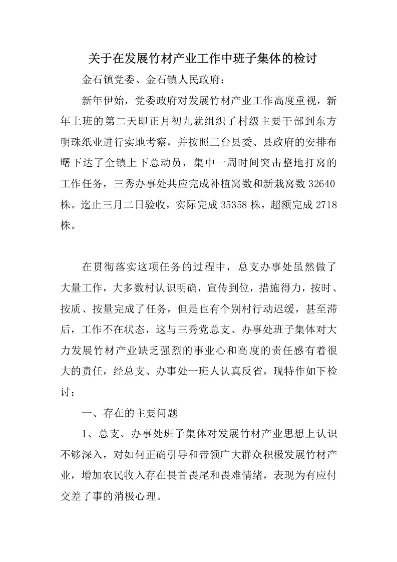 关于在发展竹材产业工作中班子集体的检讨