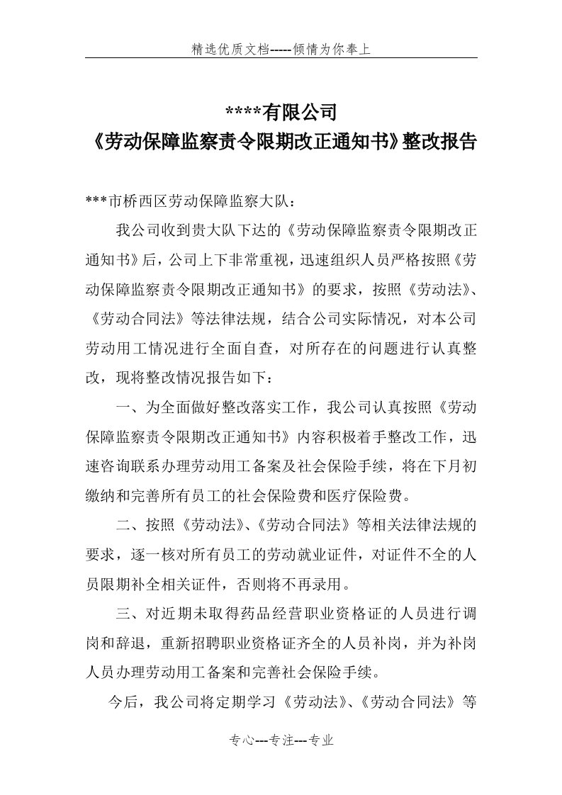 劳动监察整改报告(共2页)