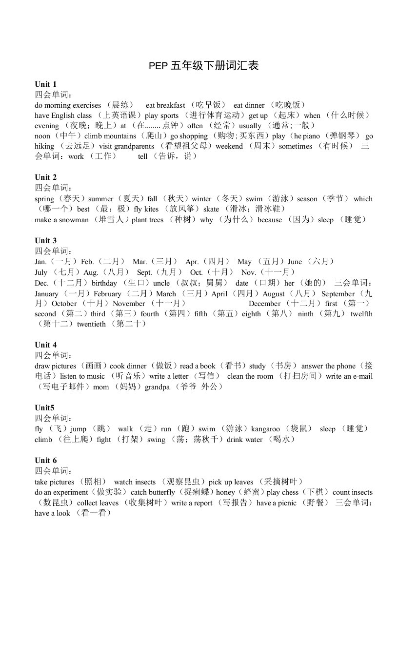 PEP五年级下册词汇表