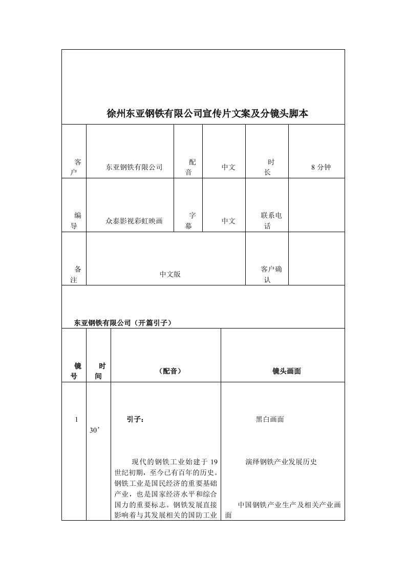 徐州企业宣传片【东亚钢铁有限公司宣传片文案及分镜头脚本】