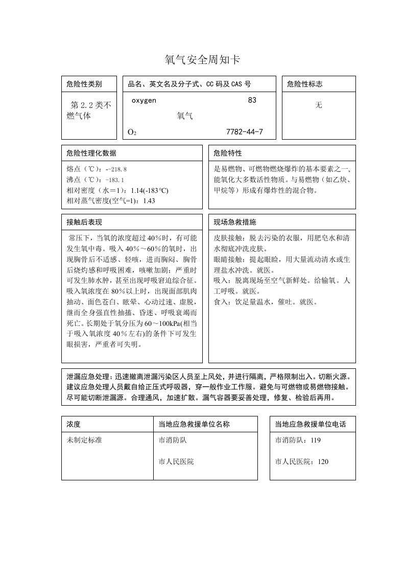 氧气(危险化学品安全周知卡)