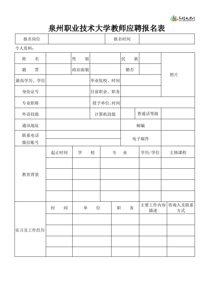 泉州职业技术大学教师应聘报名表