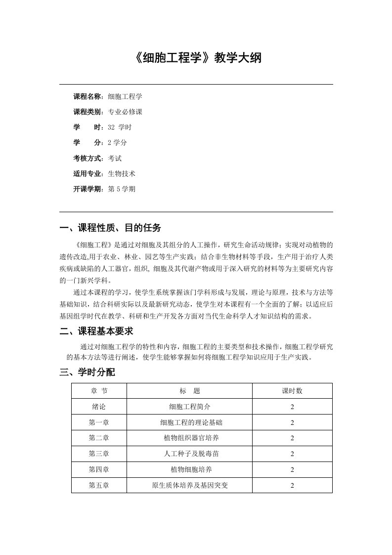 细胞工程学教学大纲