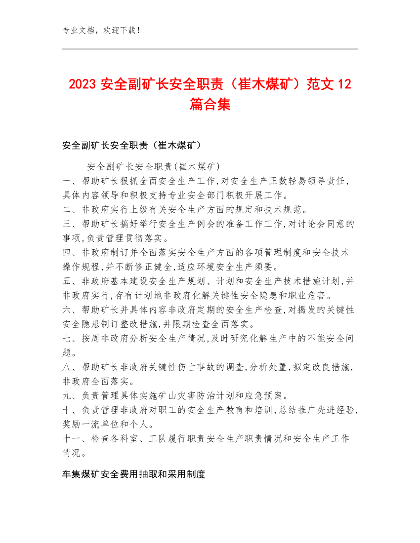 2023安全副矿长安全职责（崔木煤矿）范文12篇合集