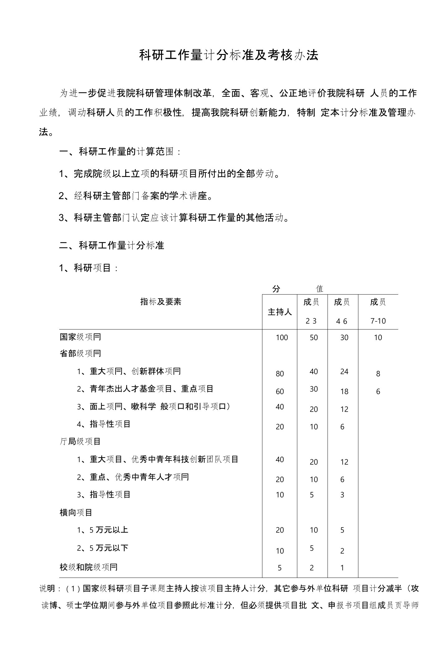 科研工作量计分标准及考核办法