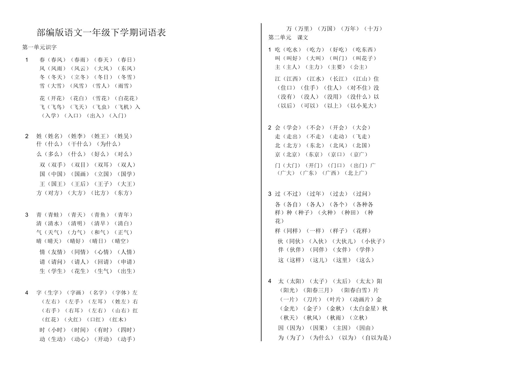 部编版语文一年级下册词语表(生字组词)汇总