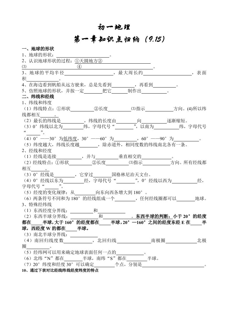 初一地理第一章知识点归纳