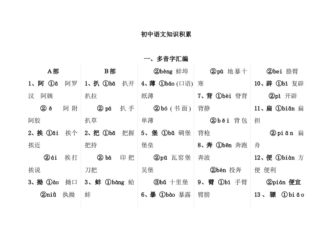 初中语文多音字、生字、诗词成语归类及文学常识积累