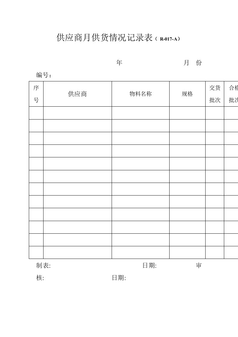 供应商月供货情况记录表（