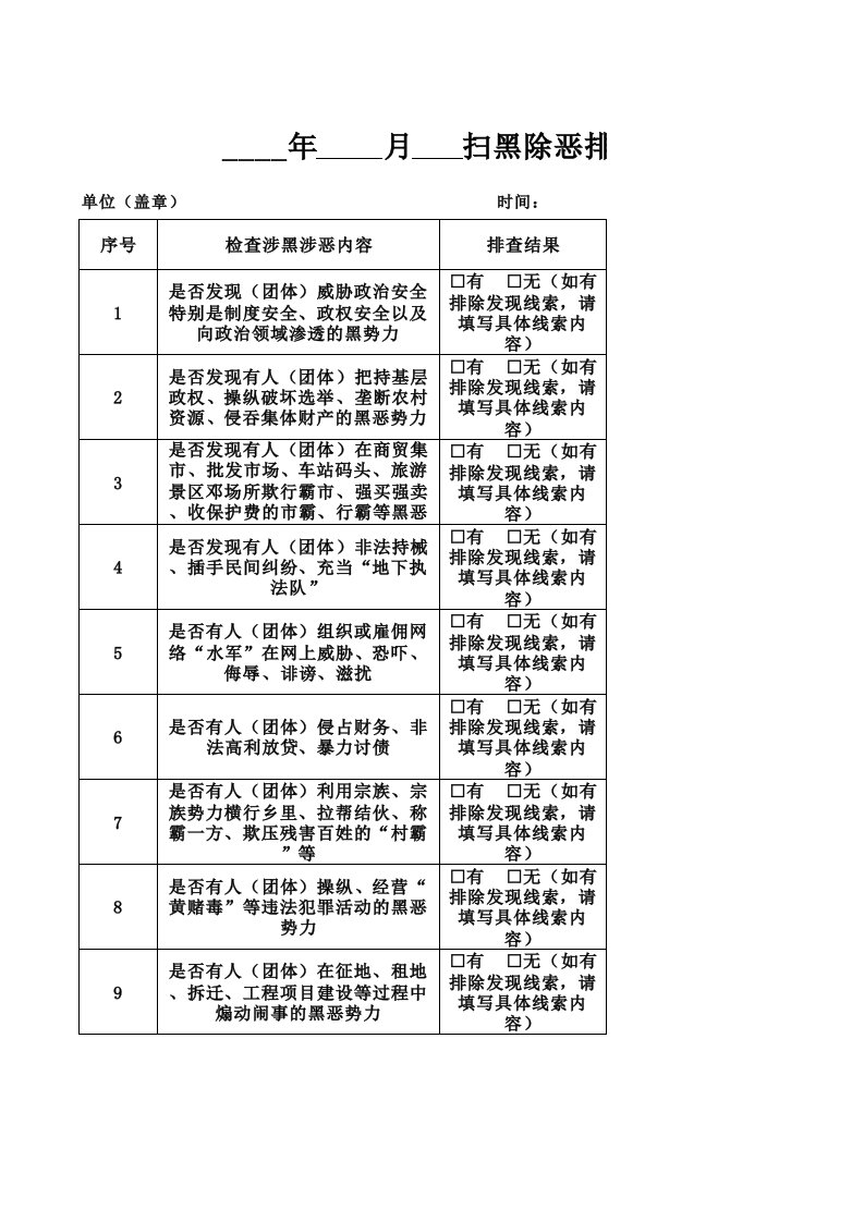 扫黑除恶排查情况统计表