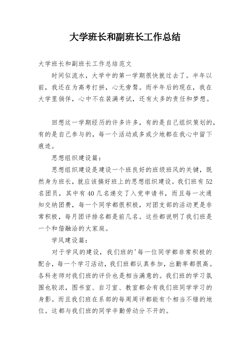 大学班长和副班长工作总结