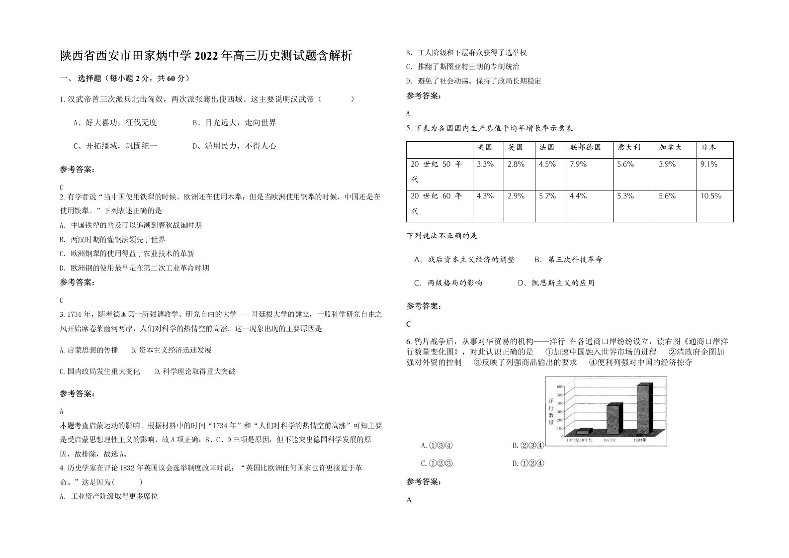 陕西省西安市田家炳中学2022年高三历史测试题含解析