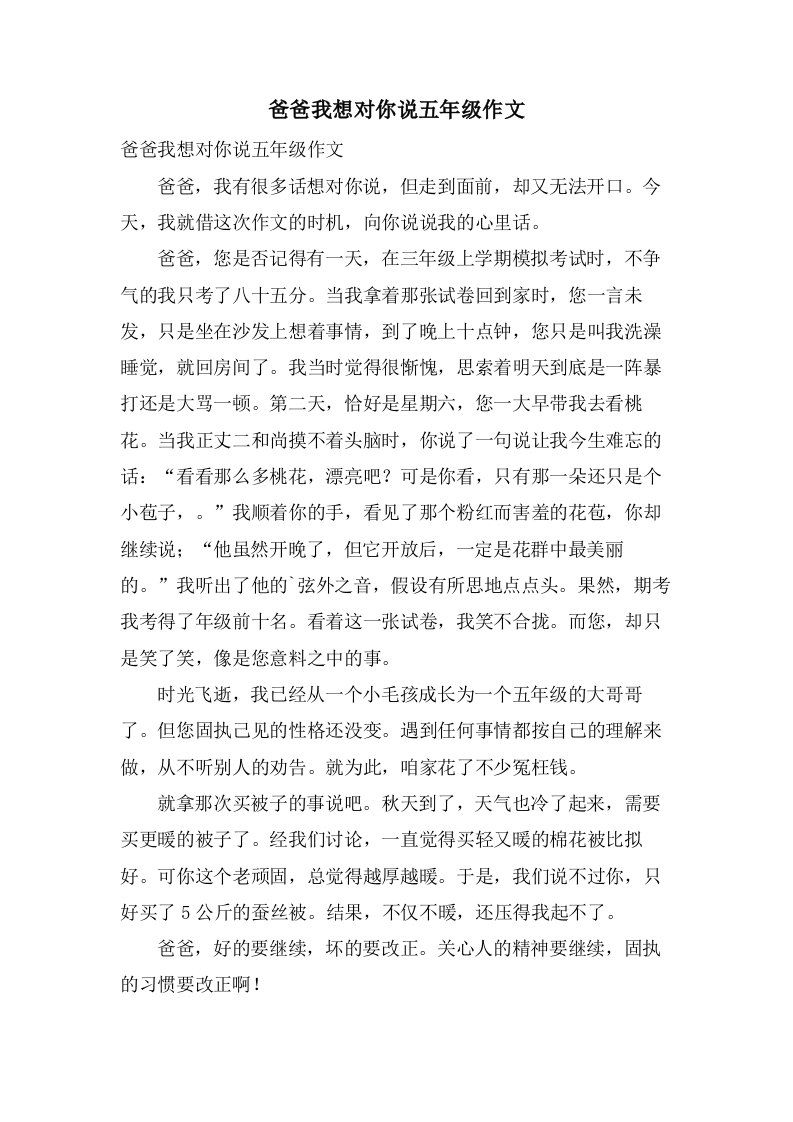 爸爸我想对你说五年级作文