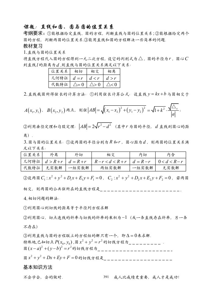 直线和圆、圆与圆的位置关系基础复习习题练习资料