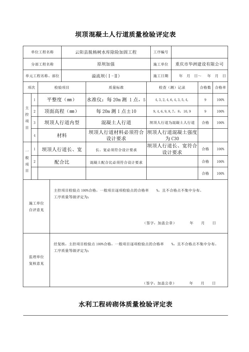 水利工程砖砌体质量检验评定表