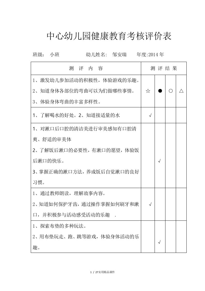 中心幼儿园健康教育考核评价表