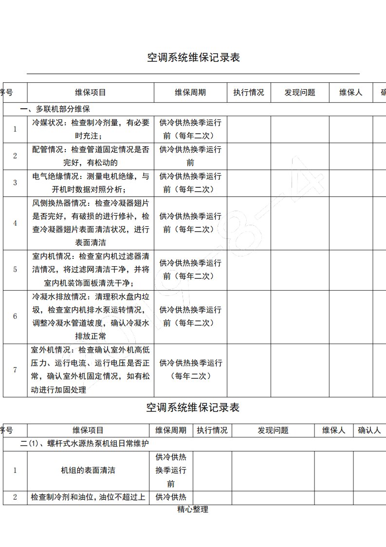 空调系统维保记录表格模板