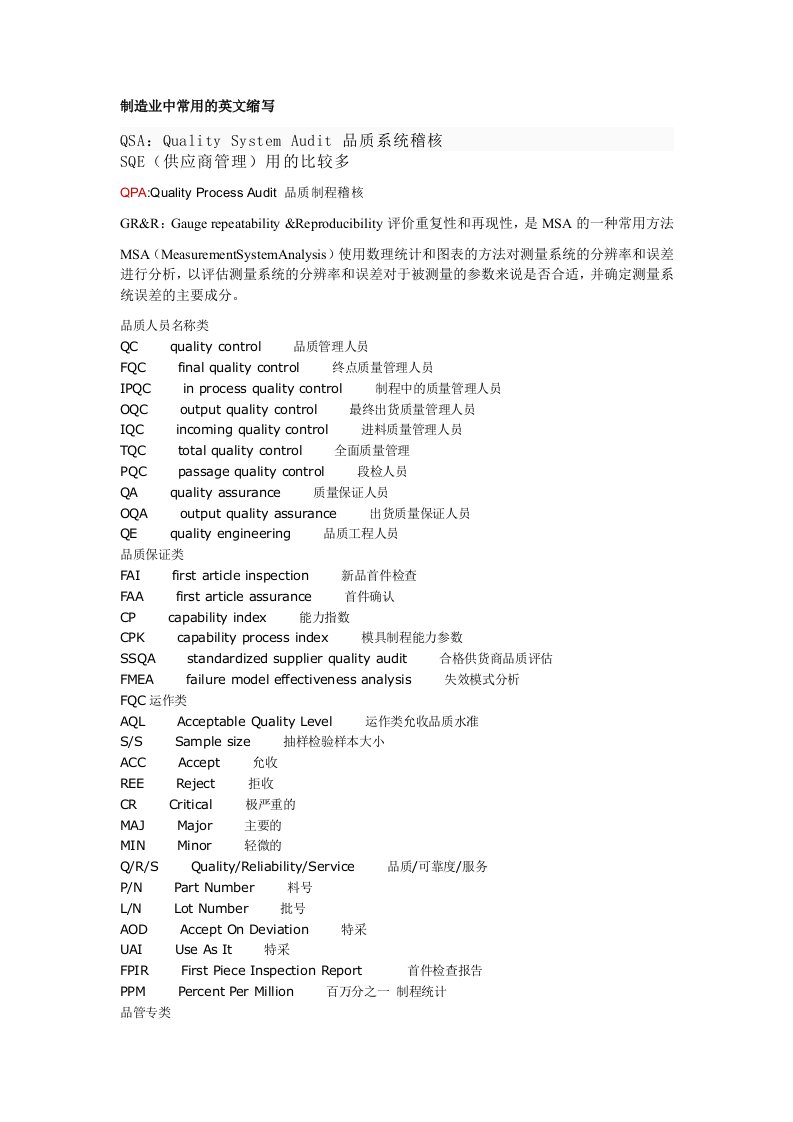 制造业常用英语