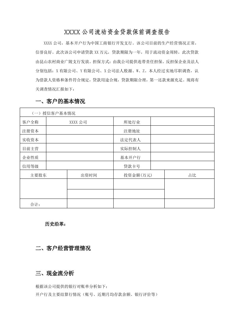 公司流动资金贷款保前调查报告