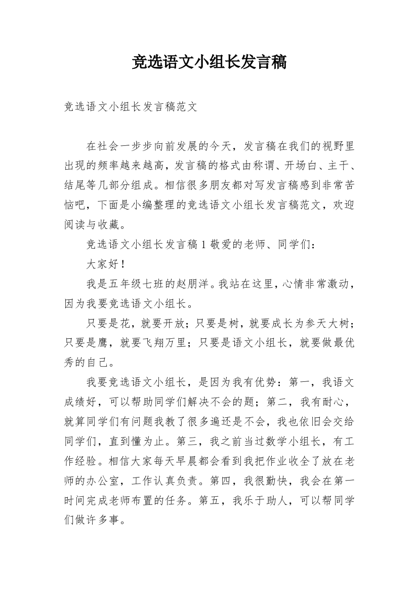 竞选语文小组长发言稿_1