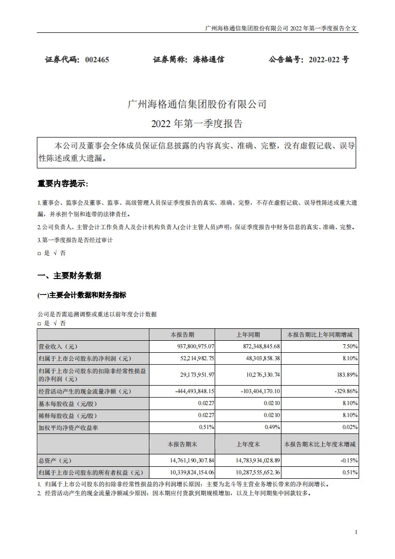 深交所-海格通信：2022年一季度报告-20220420