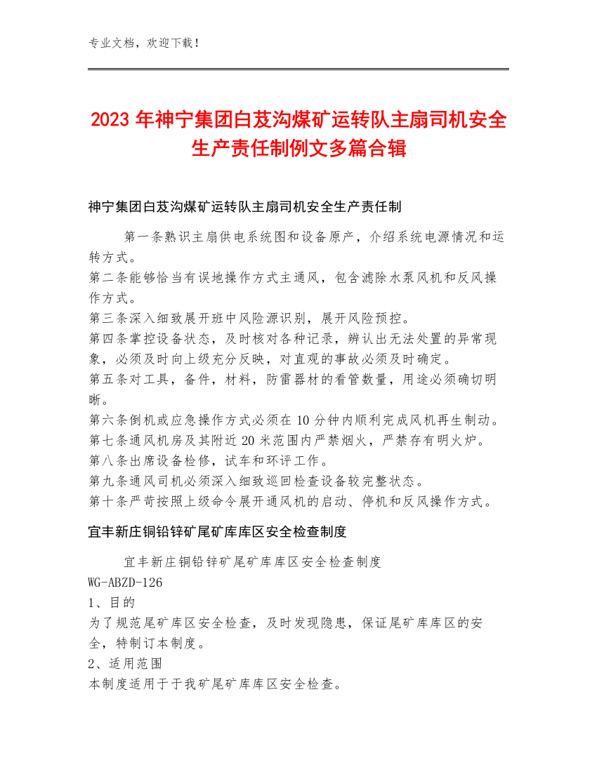 2023年神宁集团白芨沟煤矿运转队主扇司机安全生产责任制例文多篇合辑