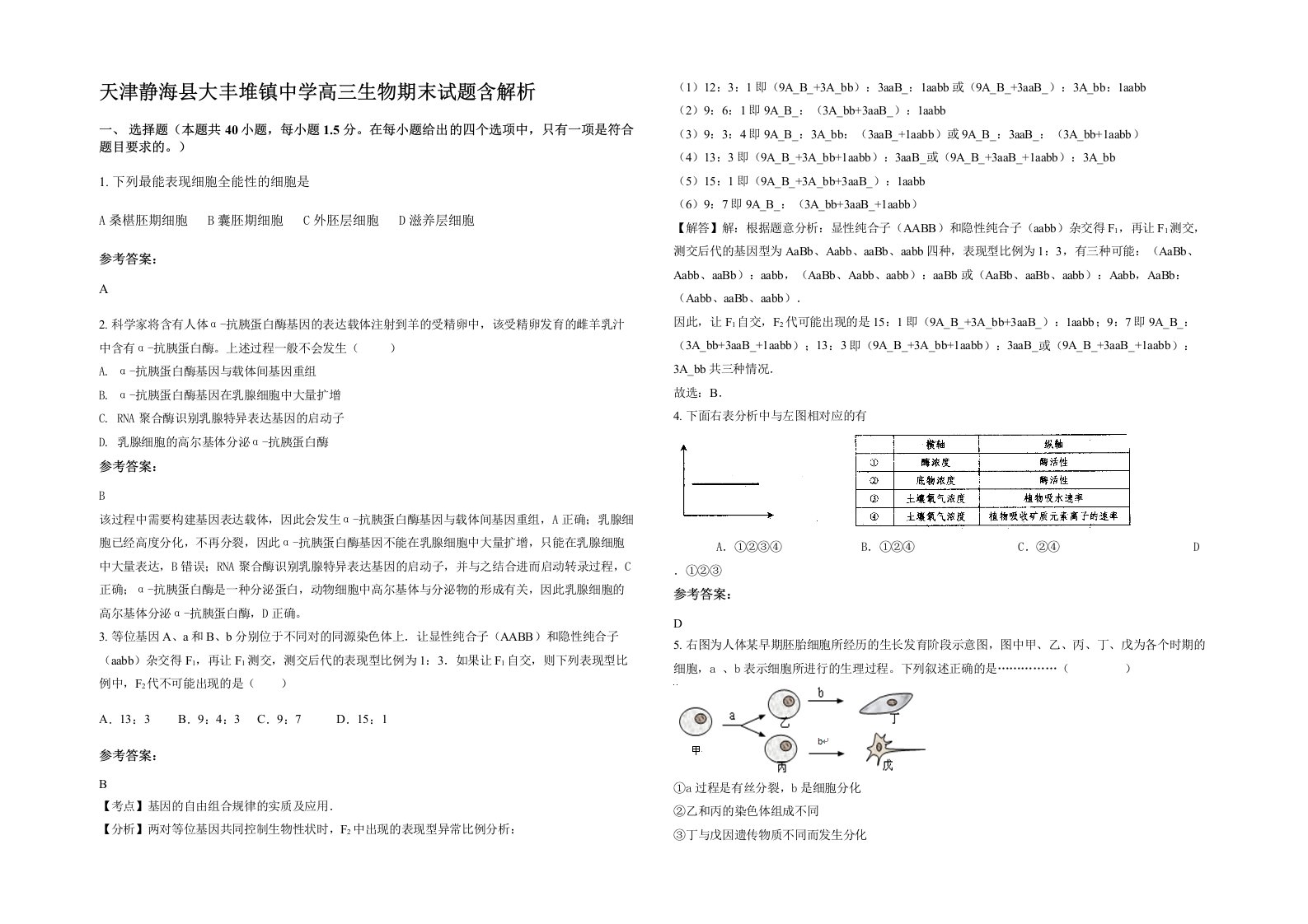 天津静海县大丰堆镇中学高三生物期末试题含解析