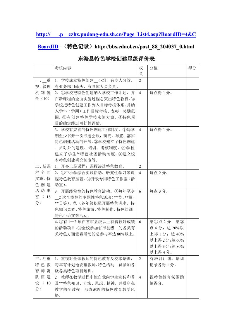 东海县特色学校创建星级评价表