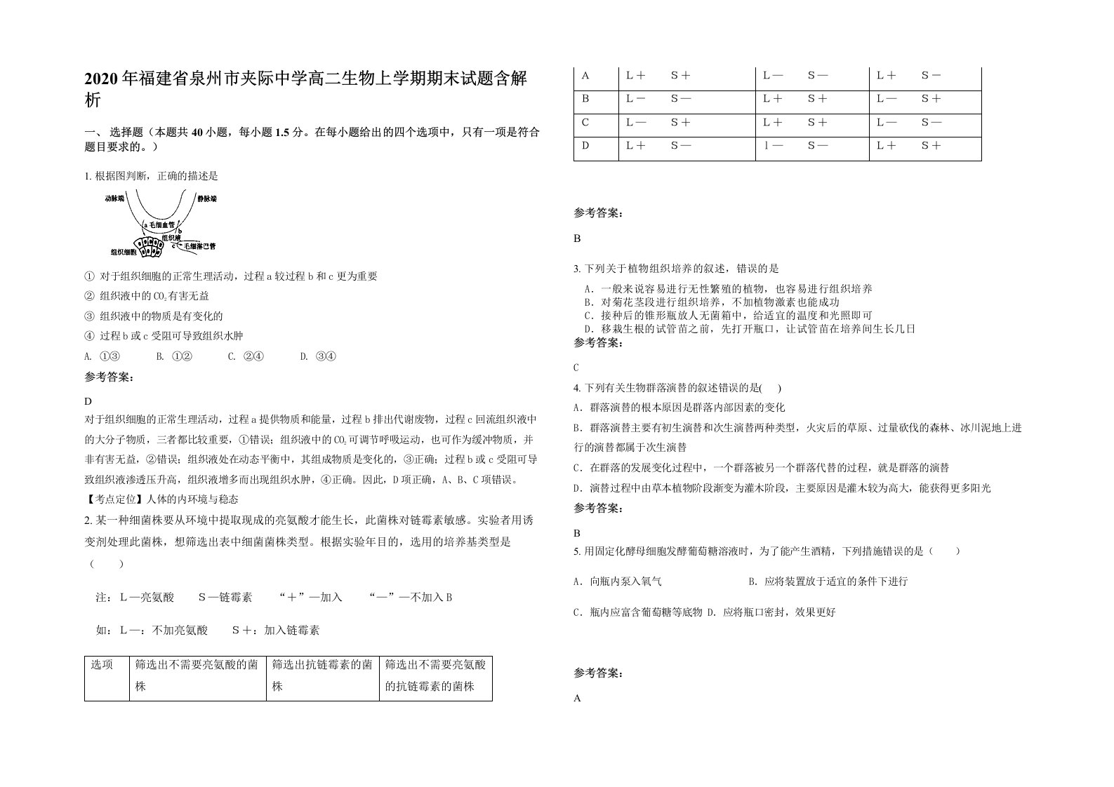 2020年福建省泉州市夹际中学高二生物上学期期末试题含解析