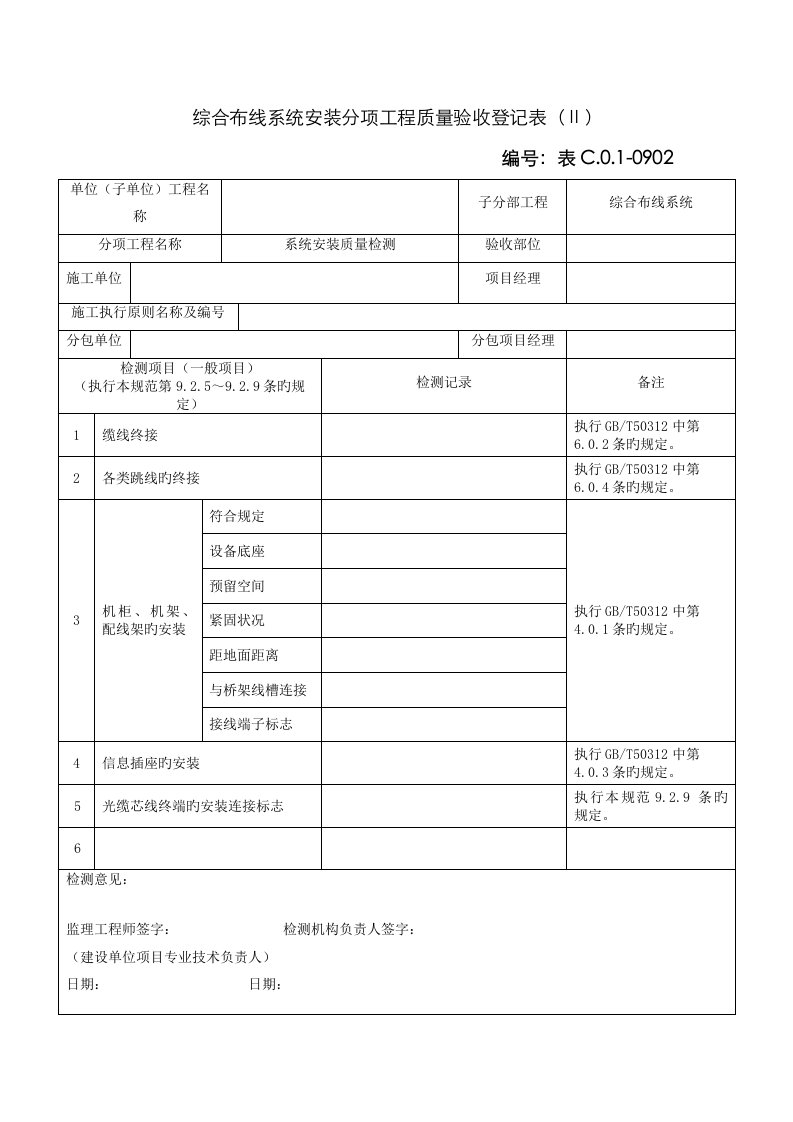 综合布线系统安装分项工程质量验收记录表