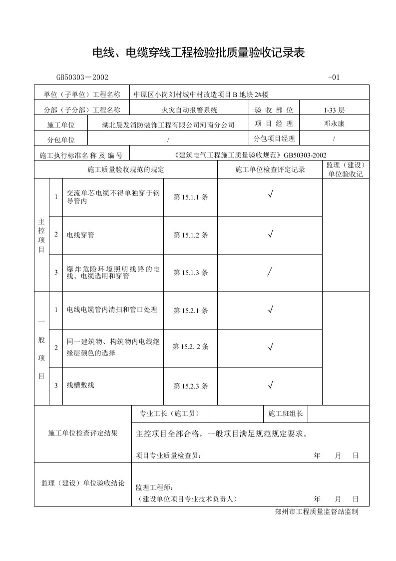 电线、电缆穿线工程检验批质量验收记录表