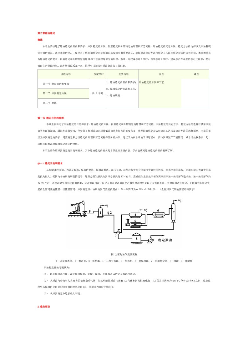 原油稳定概述本章主要讲述了原油稳定的目的和要求原油