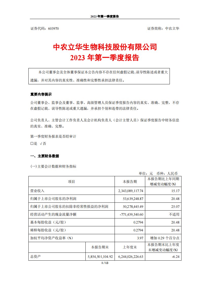 上交所-中农立华2023年第一季度报告-20230418