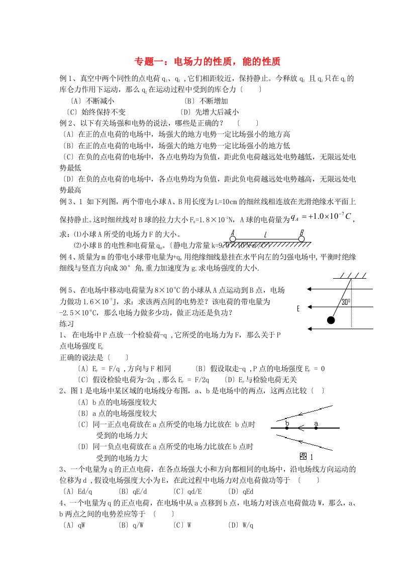 （高中物理）专题一电场力的性质，能的性质