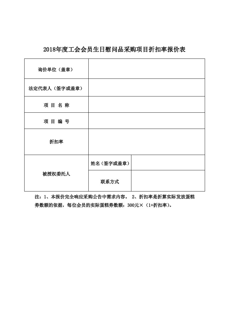 2018年度工会会员生日慰问品采购项目折扣率报价表