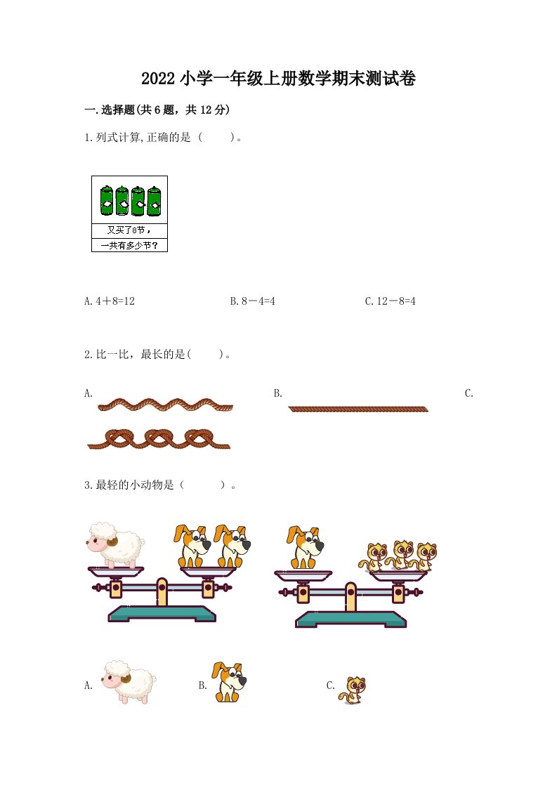 2022小学一年级上册数学期末测试卷【轻巧夺冠】