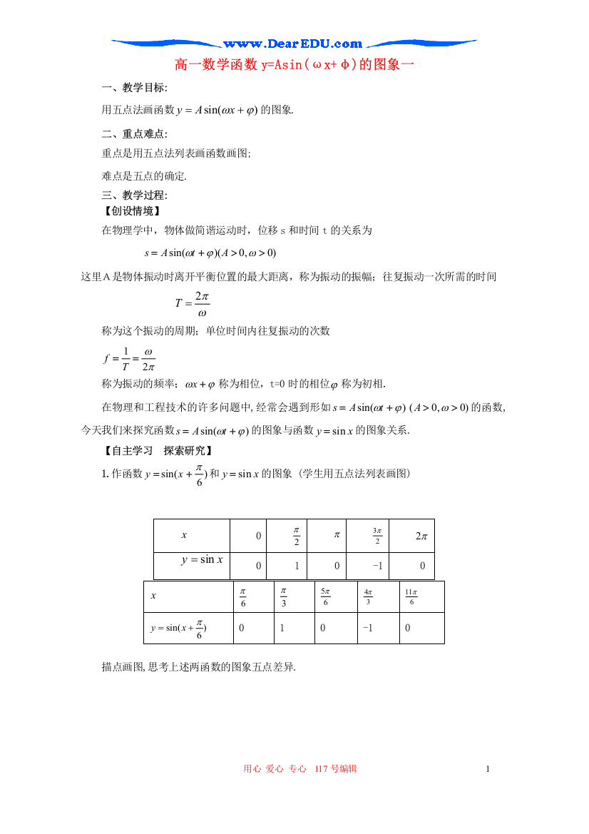 高一数学函数y=Asin(ωx+φ)的图象一