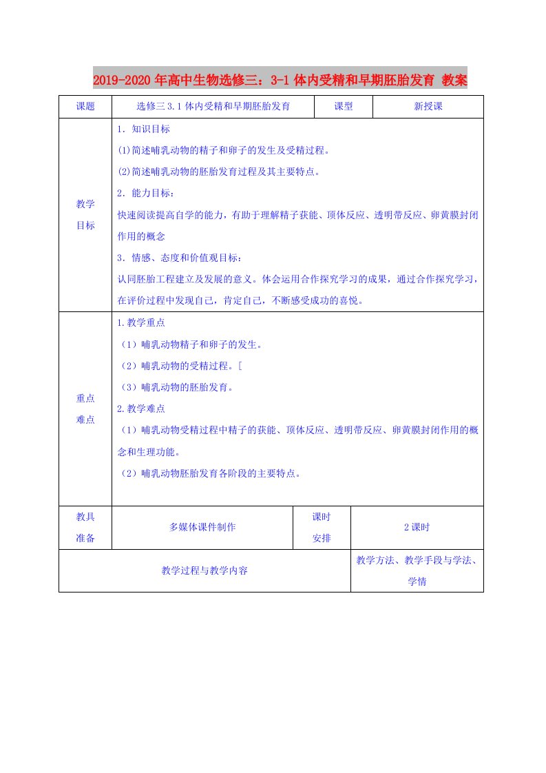 2019-2020年高中生物选修三：3-1体内受精和早期胚胎发育