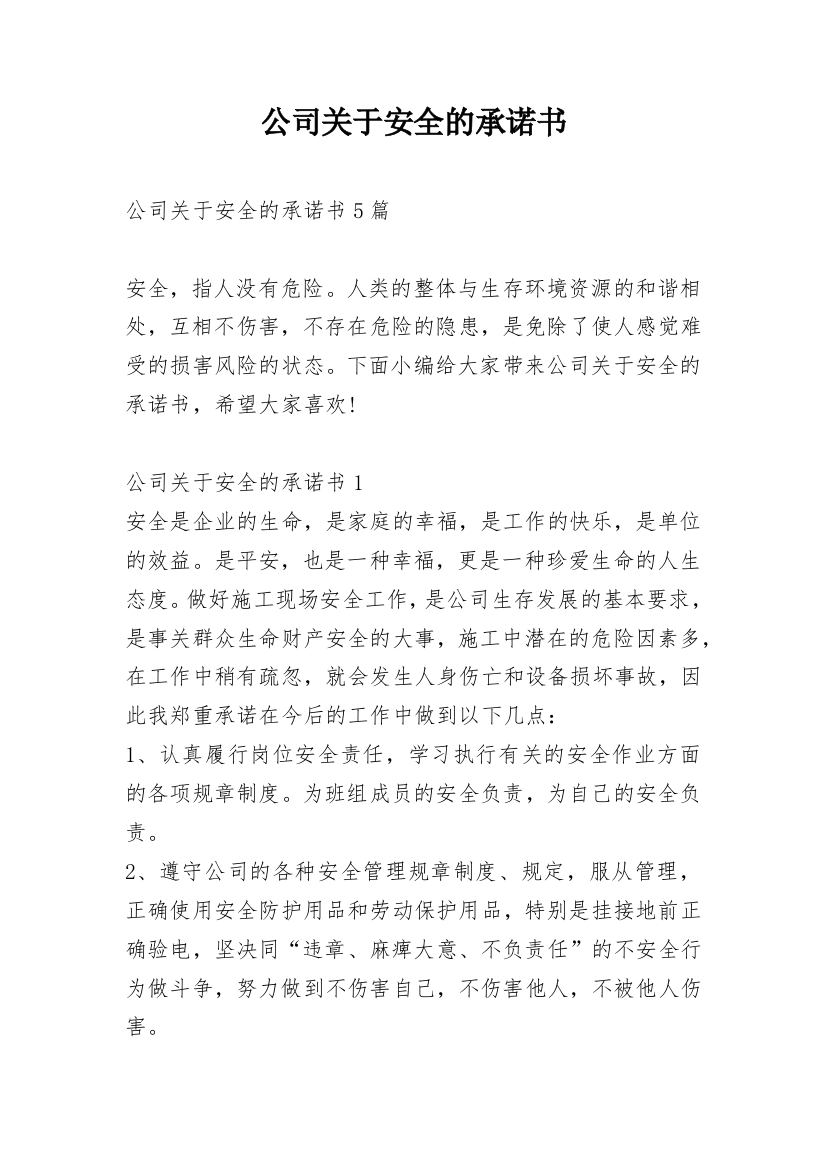 公司关于安全的承诺书