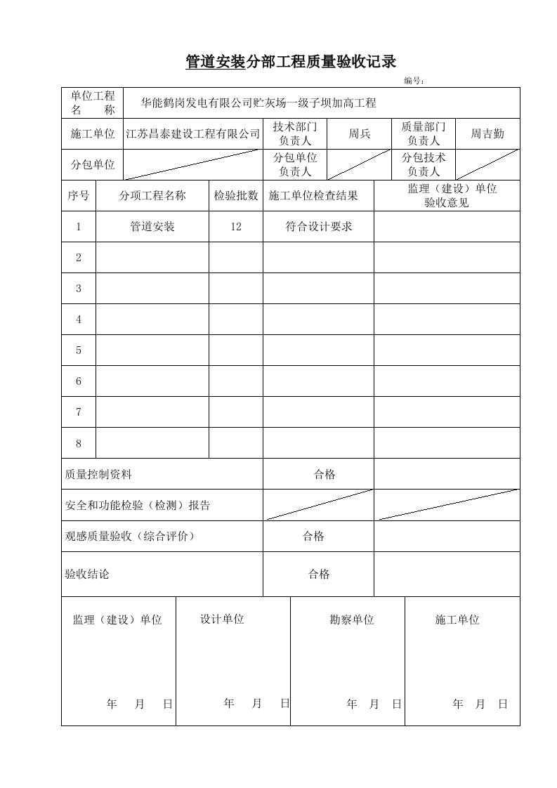 管道安装分部工程质量验收记录