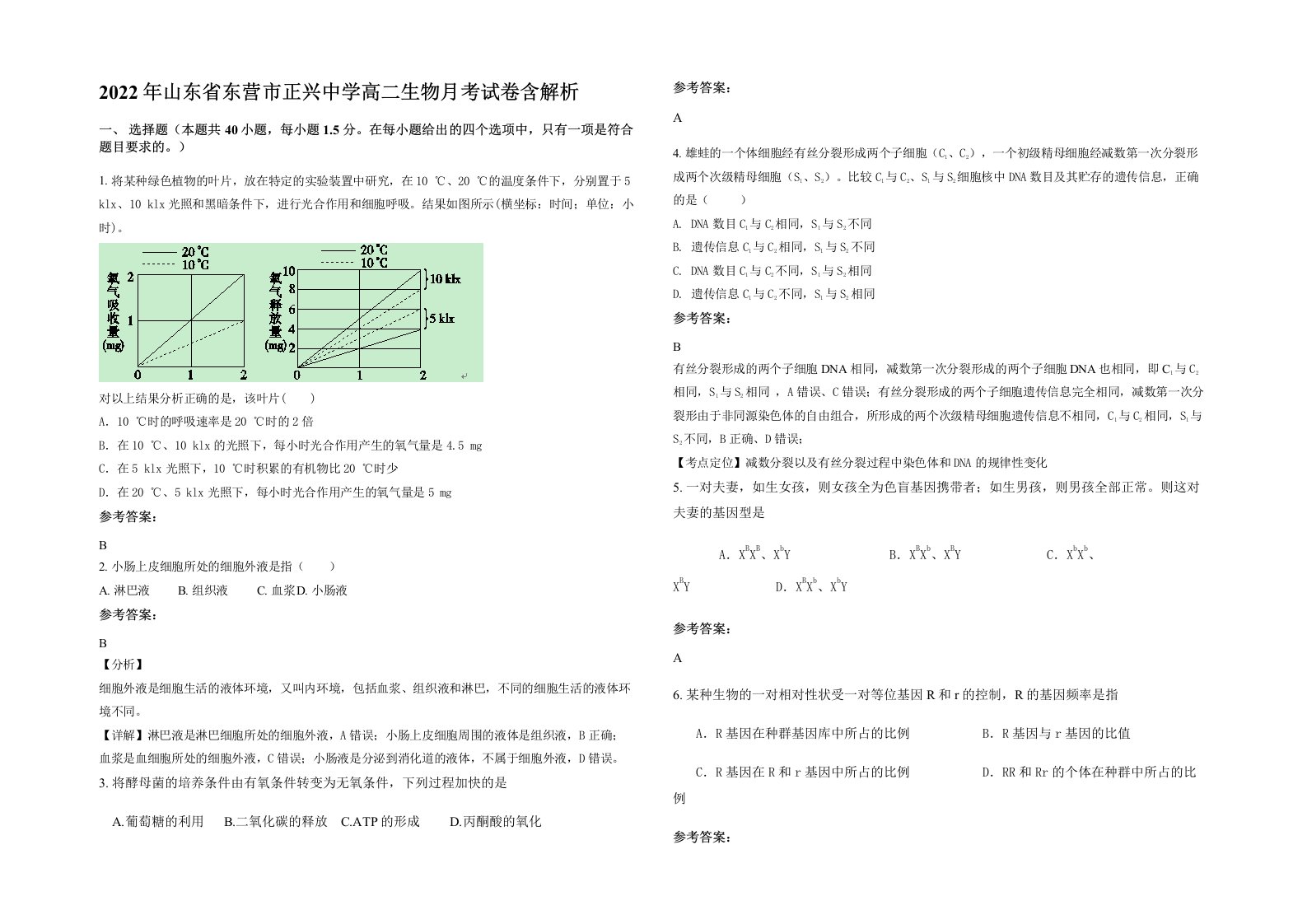 2022年山东省东营市正兴中学高二生物月考试卷含解析