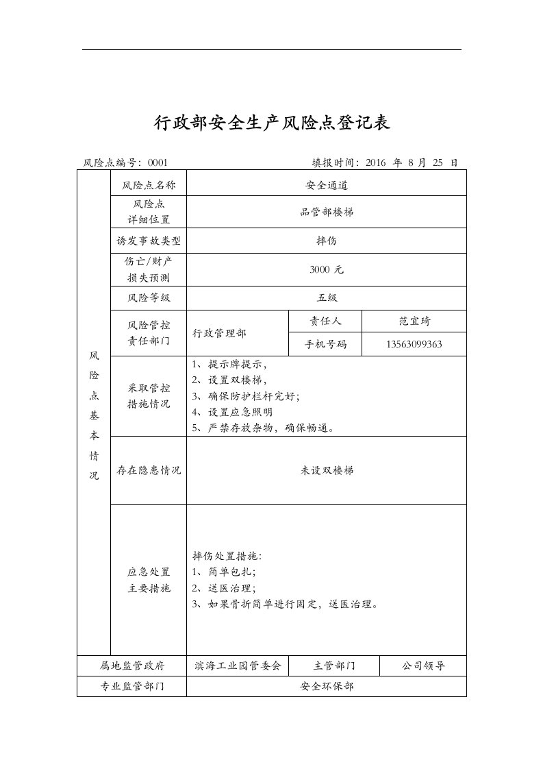 行政部安全生产风险点登记表