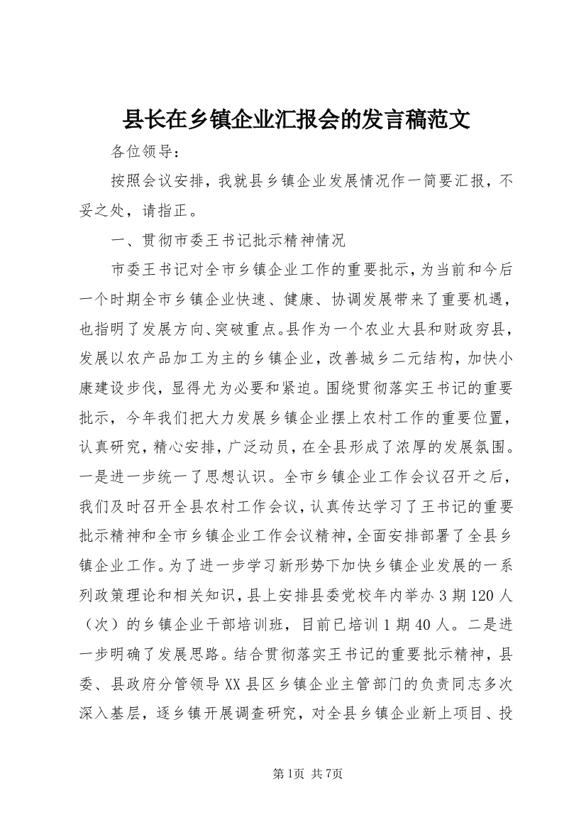 县长在乡镇企业汇报会的发言稿范文