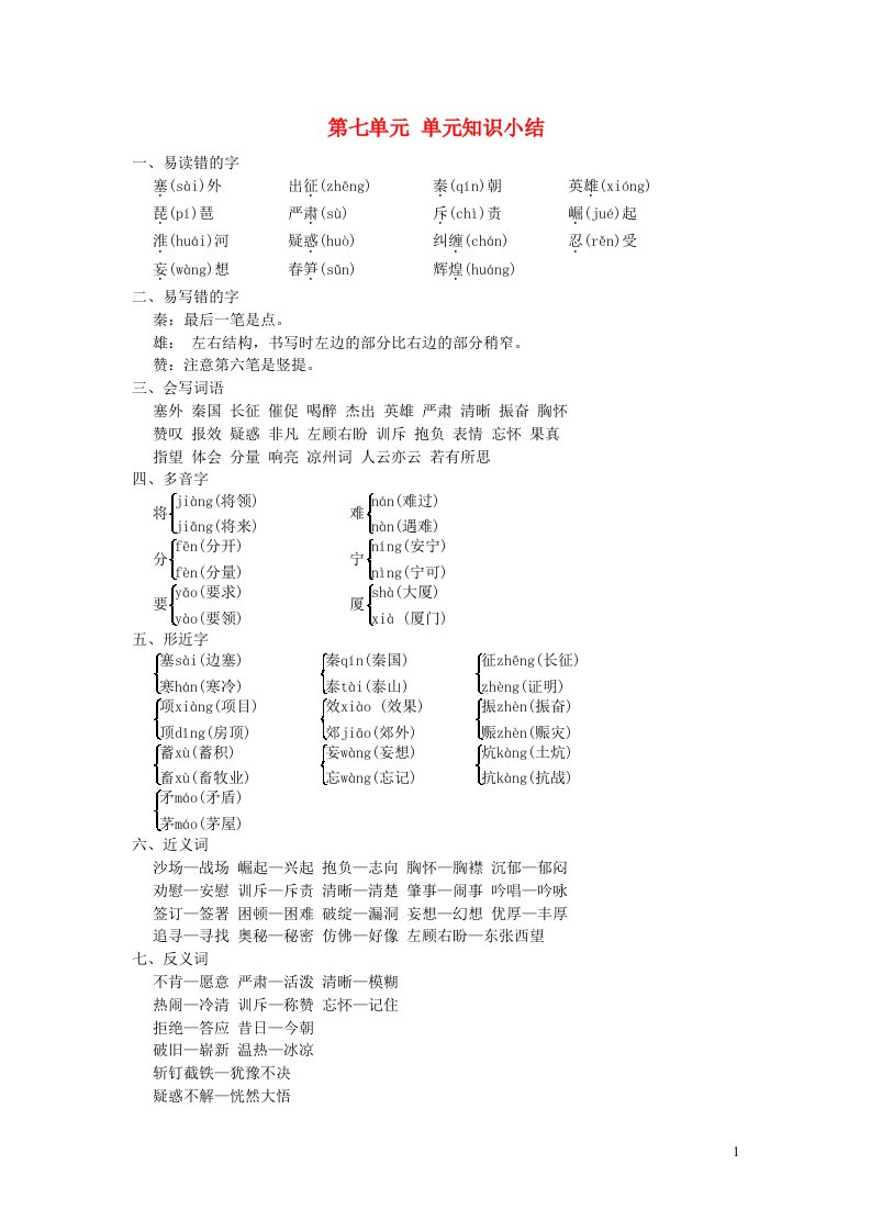 2021秋四年级语文上册第七单元知识小结新人教版